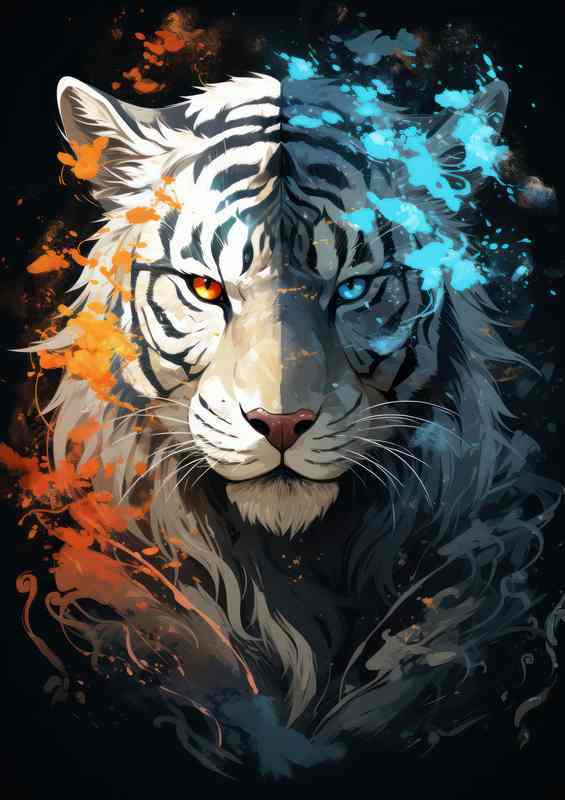 Anime mixed tigers white and electric blue tones | Metal Poster