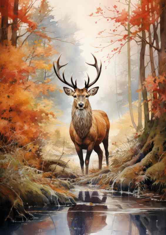 Autumn Deer By The River | Metal Poster