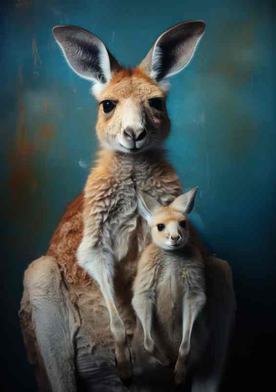 Baby joey with her kangaroo mum sitting | Metal Poster