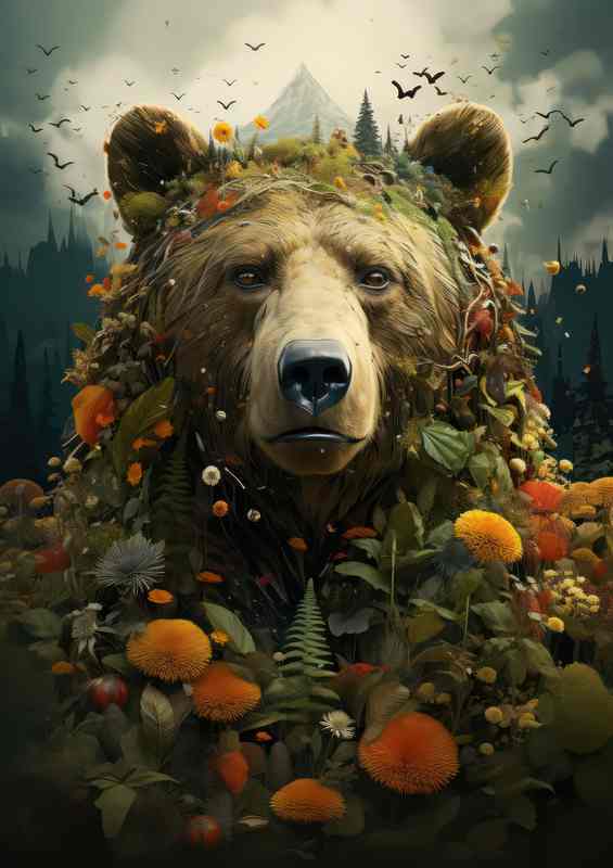 Bear with the mountains and birds in the background | Metal Poster