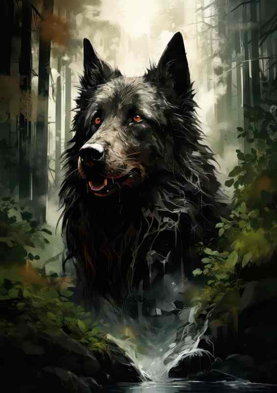 Black mandog in a forest with a valley | Metal Poster