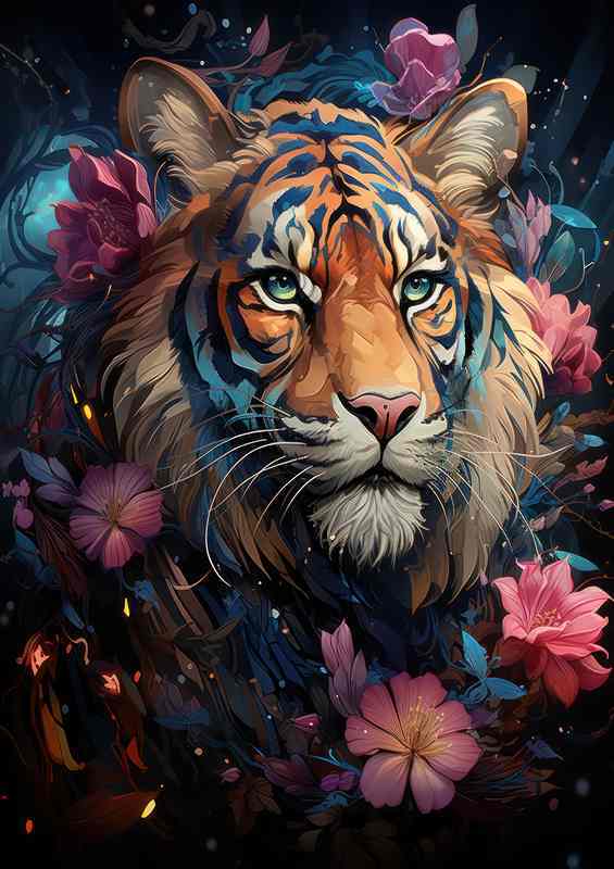 Colourful Tiger nestled with pink flowers | Metal Poster