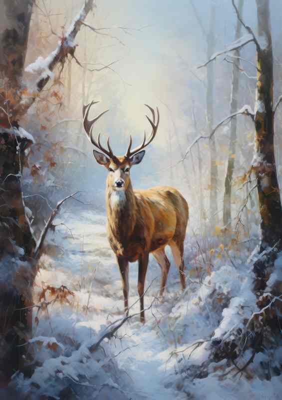Deer In The Winter Snow In The Woods | Metal Poster