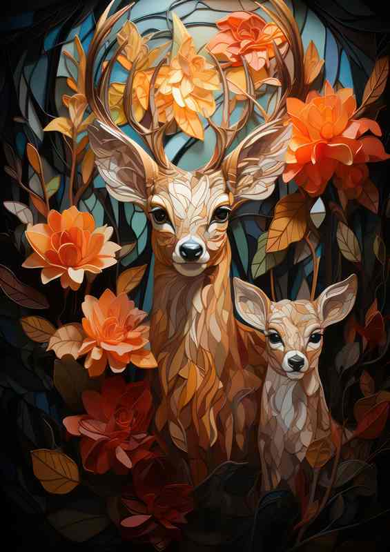 Deer and a cub with flowers and abstract style | Metal Poster