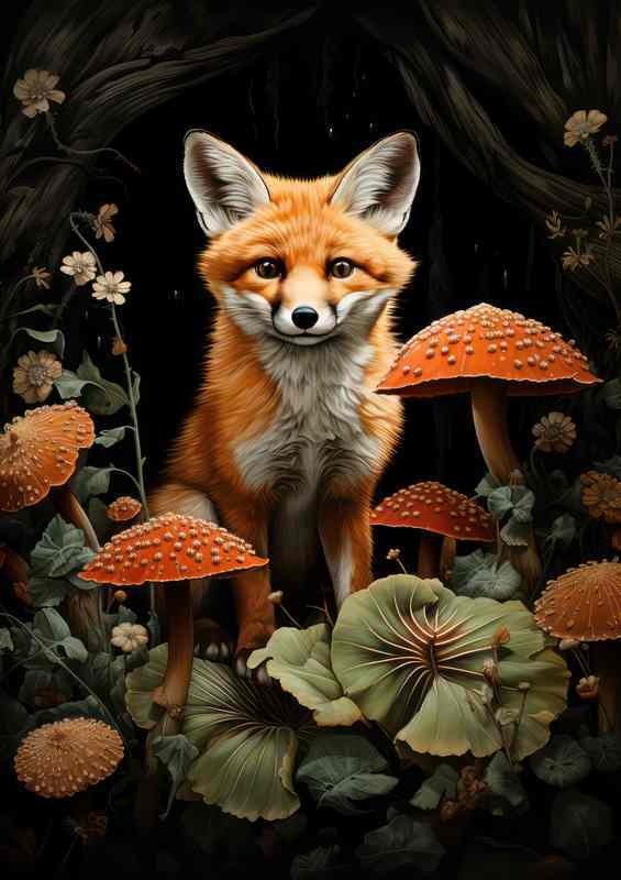 Fox sitting in around the mushroom bed | Metal Poster