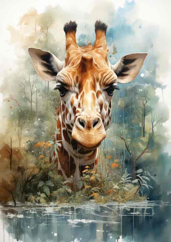Giraffe art face pearing above the water line | Metal Poster