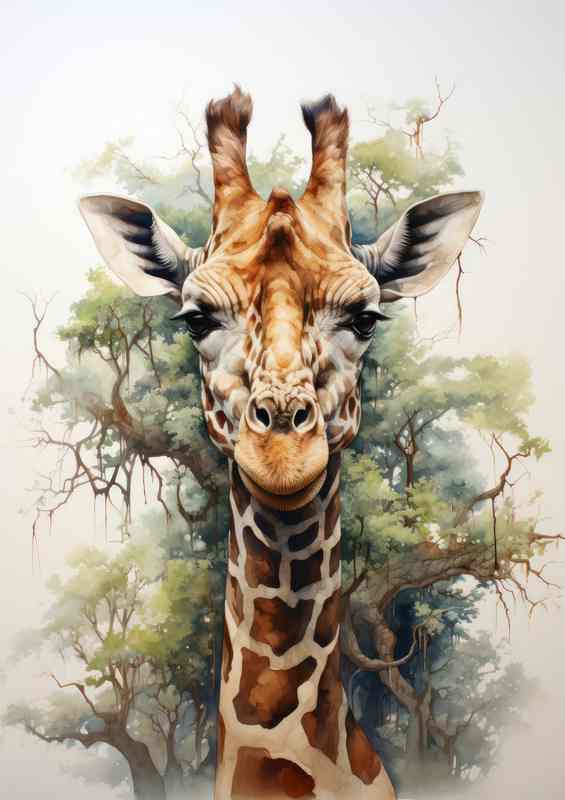 Giraffe facing the horizon with trees in the background | Metal Poster