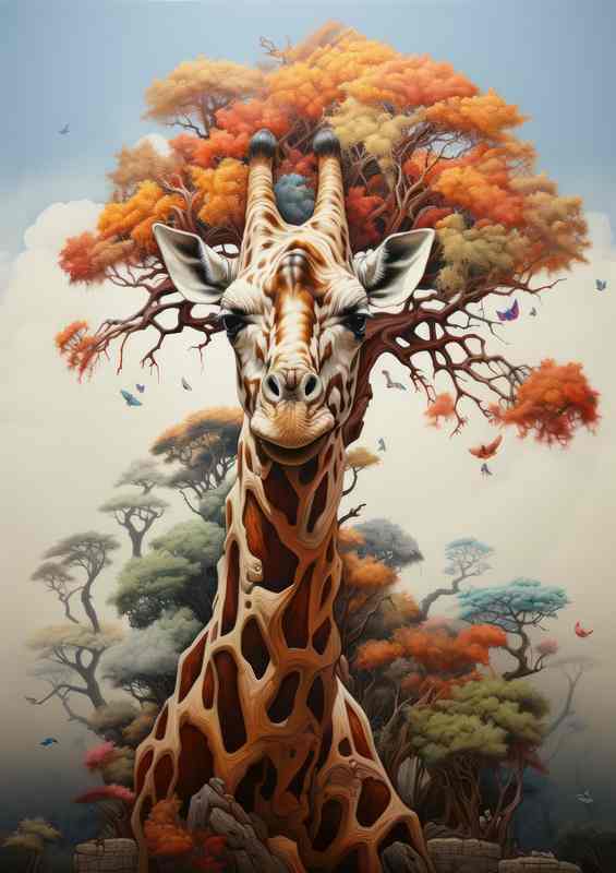 Giraffe in the front aof a giant orange tree | Metal Poster