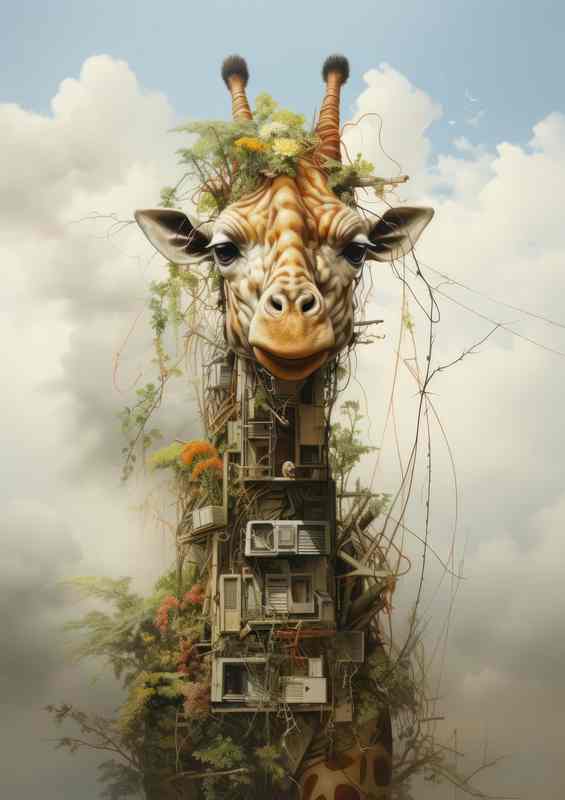Giraffe surreal art in the mountain clouds | Metal Poster