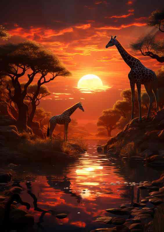 Giraffes trees and a sunbeam at sunset | Metal Poster