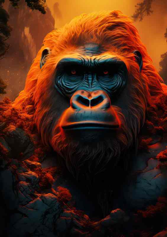 Gorilla heas with the sun behind him glowing | Metal Poster