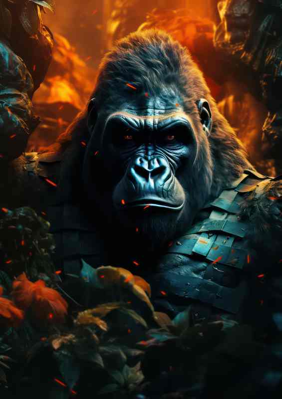 Gorilla in the red mist of fire | Metal Poster