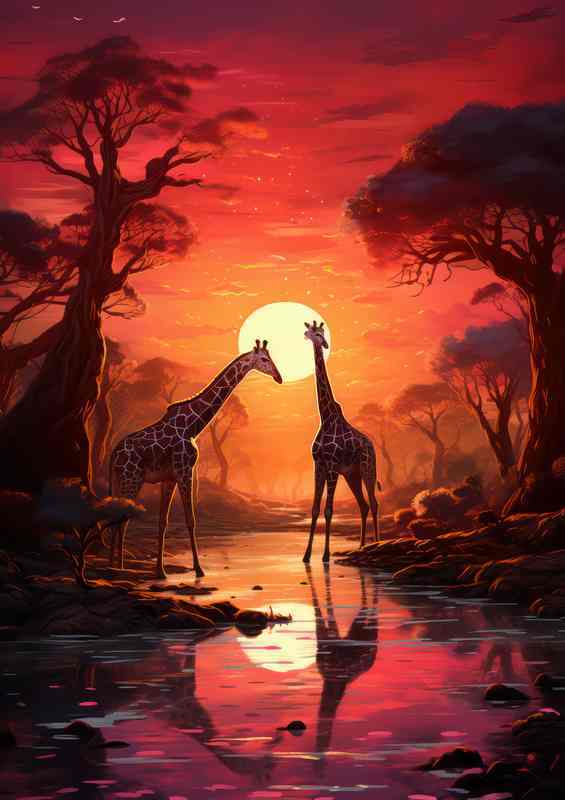 Griaffe on the african savanna during the sunsetting | Metal Poster