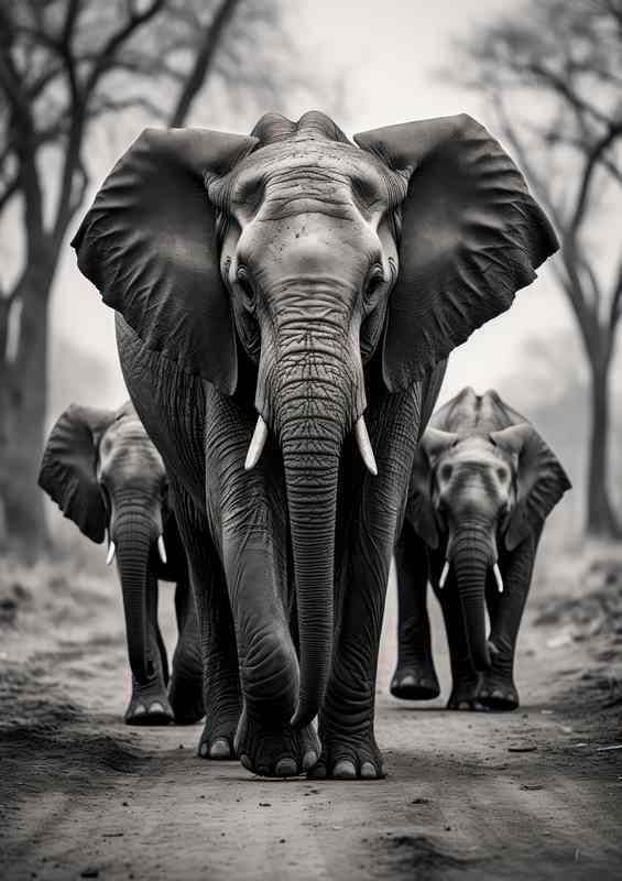 Group of Elephants walking down the path | Metal Poster