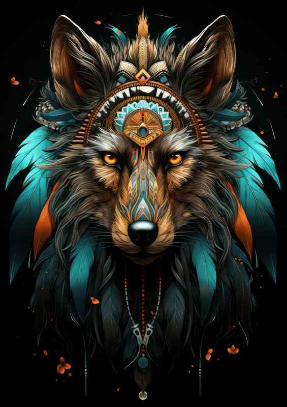 Indian wolf with feathers and a black background | Metal Poster