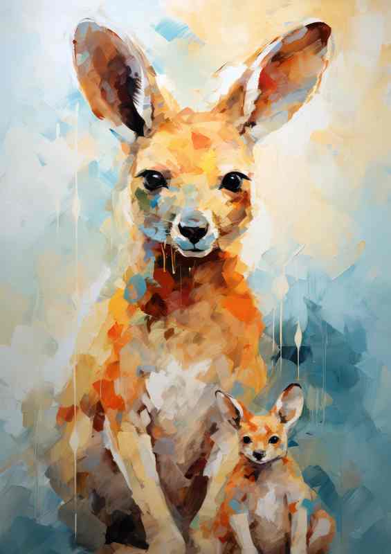 Kangaroo with a little joey in her pouch art style | Metal Poster