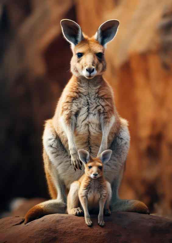 Kangaroo with baby sitting on the hiltop | Metal Poster