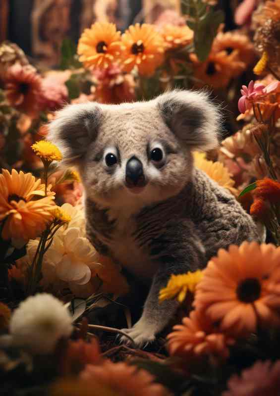 Koala sitting amongst the flowers in the field | Metal Poster