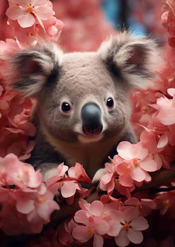 Koala sitting in the nest of the pink flowers in bloom | Metal Poster