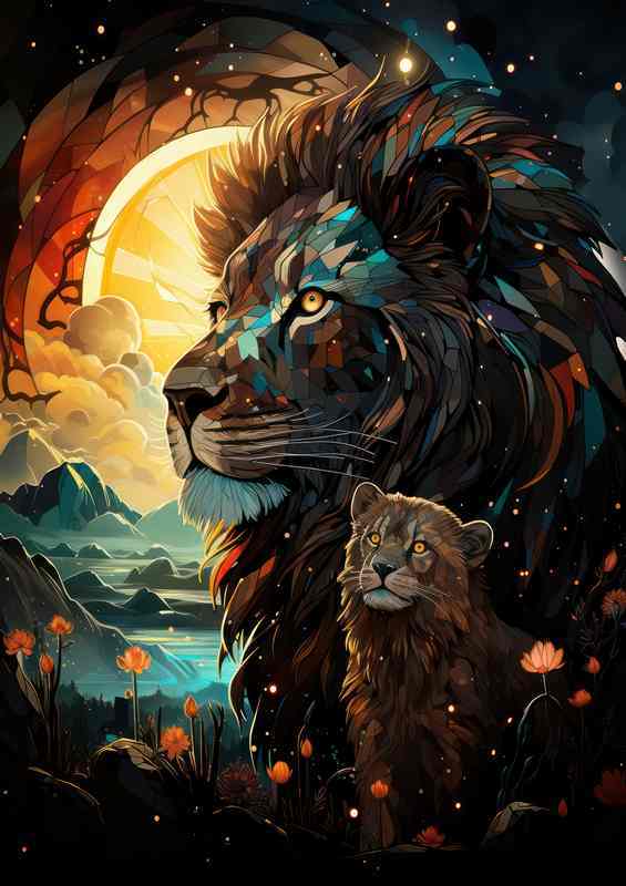 Lion & Cub Sunset Metal Poster