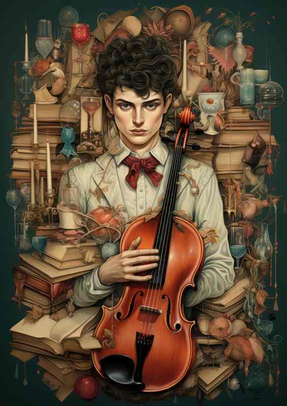 Illustration of a young man holding a violin | Metal Poster