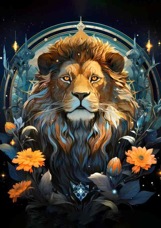 Lion surrounded by flowers at night | Metal Poster
