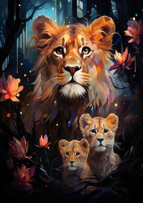 Lioness and her cubs surrounded by flowers | Metal Poster