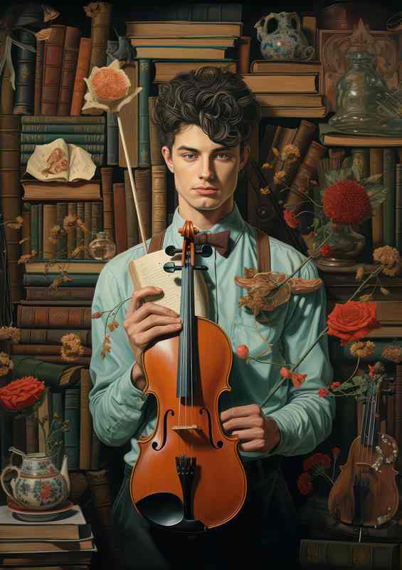 Retro Young Man with Violin | Metal Poster