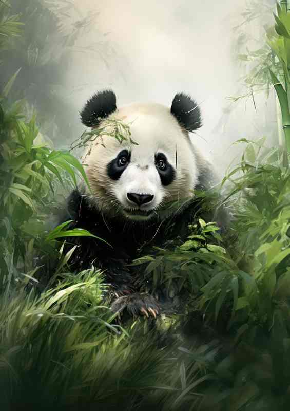 Panda Surrounded by bamboo in the mountain forest | Metal Poster