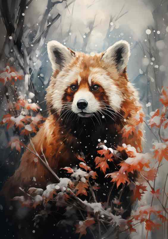 Red Panda Bear in the winter snow drops | Metal Poster