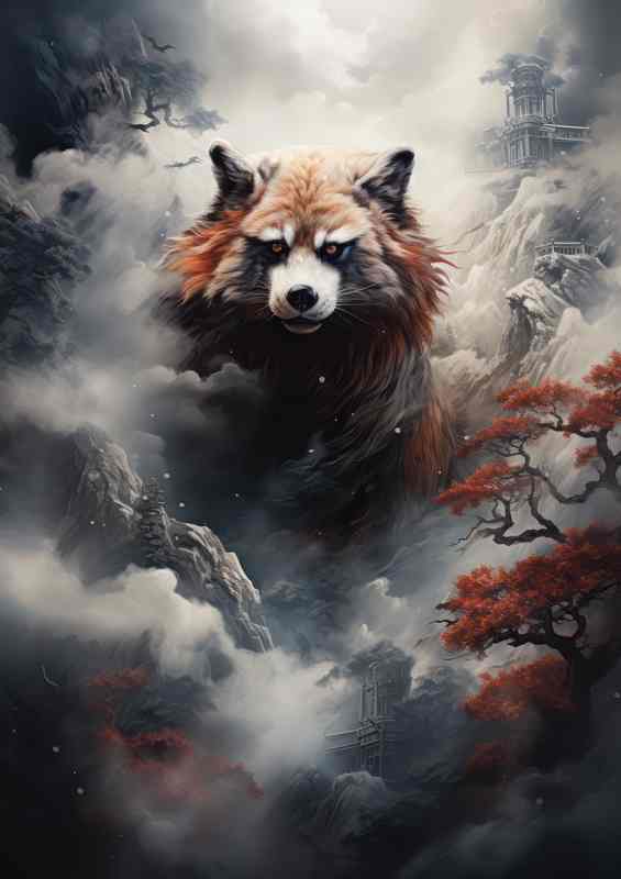 Red Panda With fog and mountains | Metal Poster
