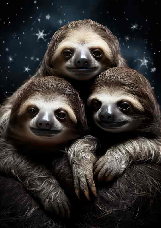 Sloths having a cuddle in the midnight sky with stars | Metal Poster