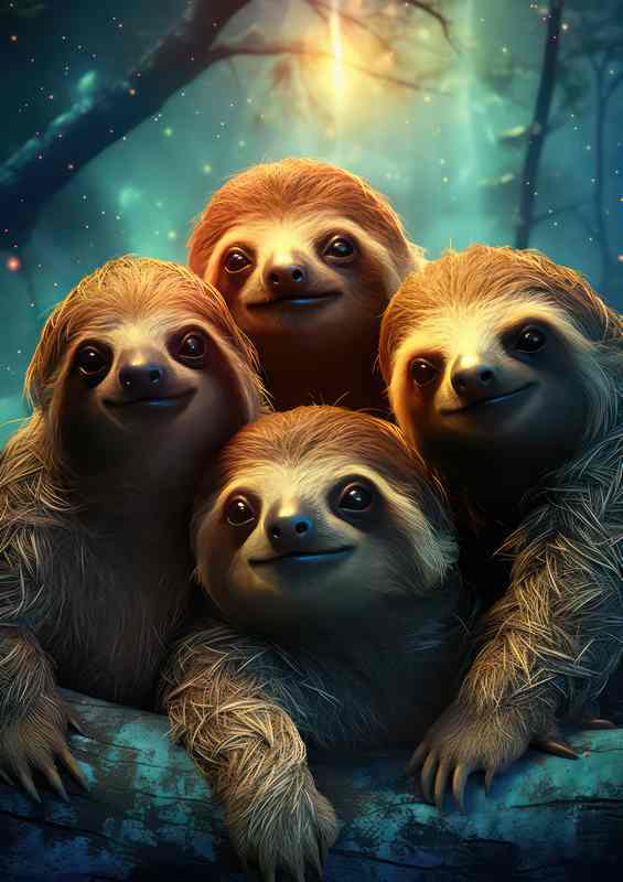 Sloths in the nightscape with a star light background | Metal Poster