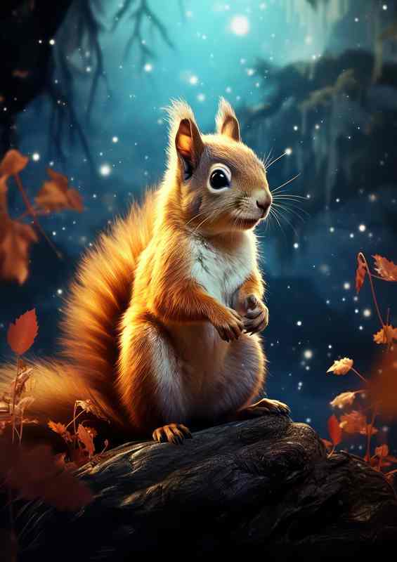 Squirrel on a branch looking for nuts in the autumn | Metal Poster