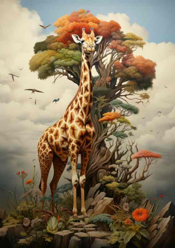 Color Giraffe Tree Metal Poster