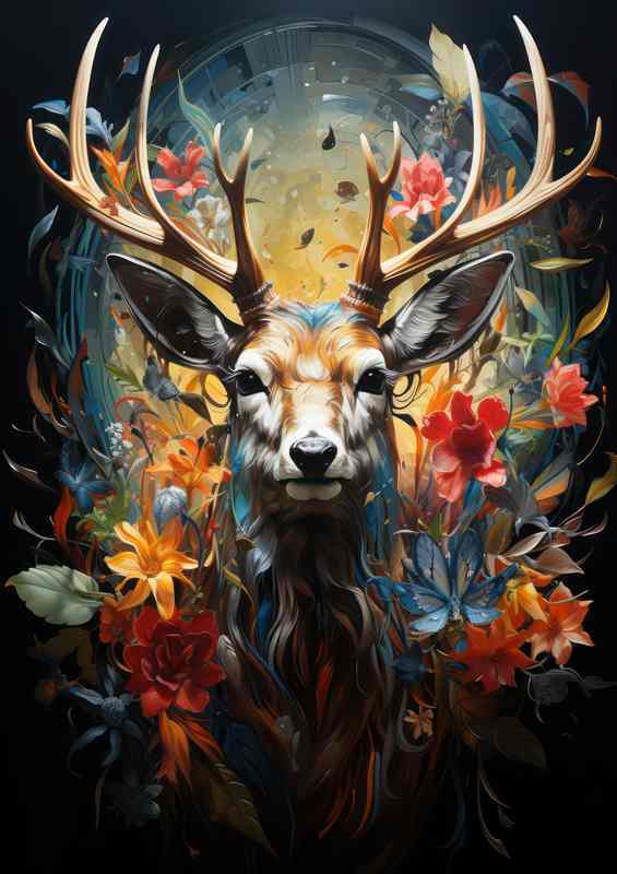 Floral-Blooming Deer w/ Antlers | Metal Poster