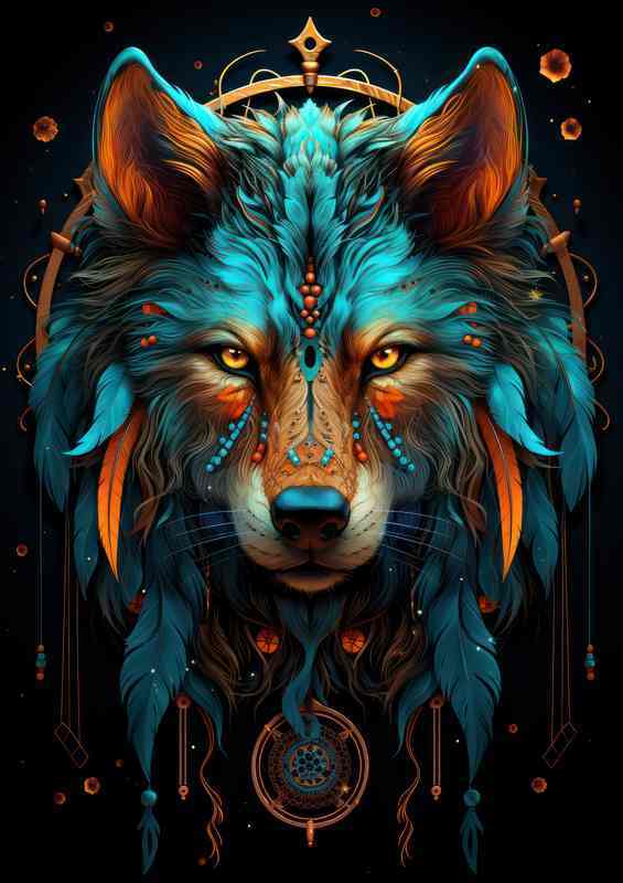 The Wolf Dreamcatcher with neon blue style colours | Metal Poster