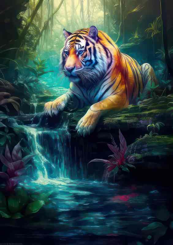 Tiger getting his paws wet in the waterfall | Metal Poster