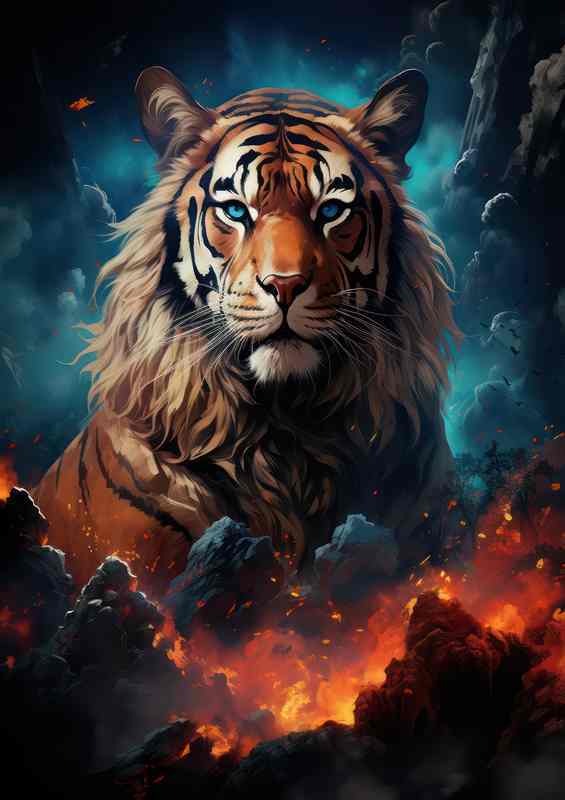 Tiger with mountains in the front of him on fire | Metal Poster