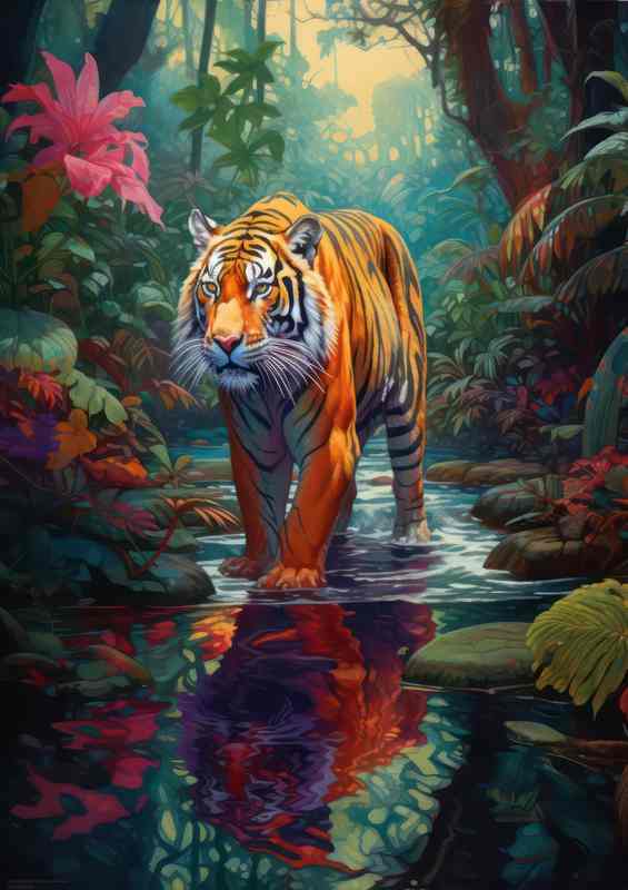 Tigher walking in the river in the middle of the jungle | Metal Poster