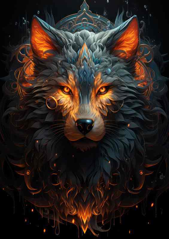 Tribal wolf glowing with ref fire colours | Metal Poster