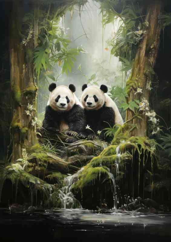 Pandas by Waterfall Metal Poster
