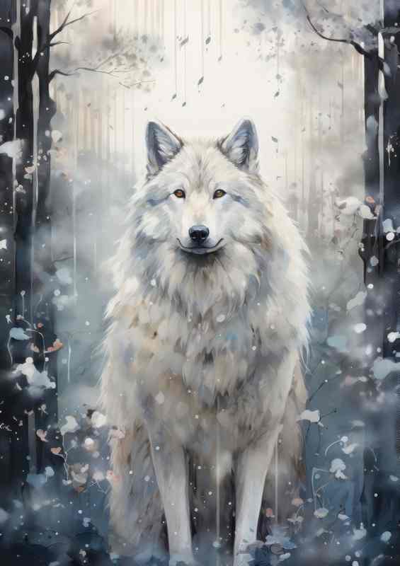 Winter wolf in the woods with snow falling | Metal Poster