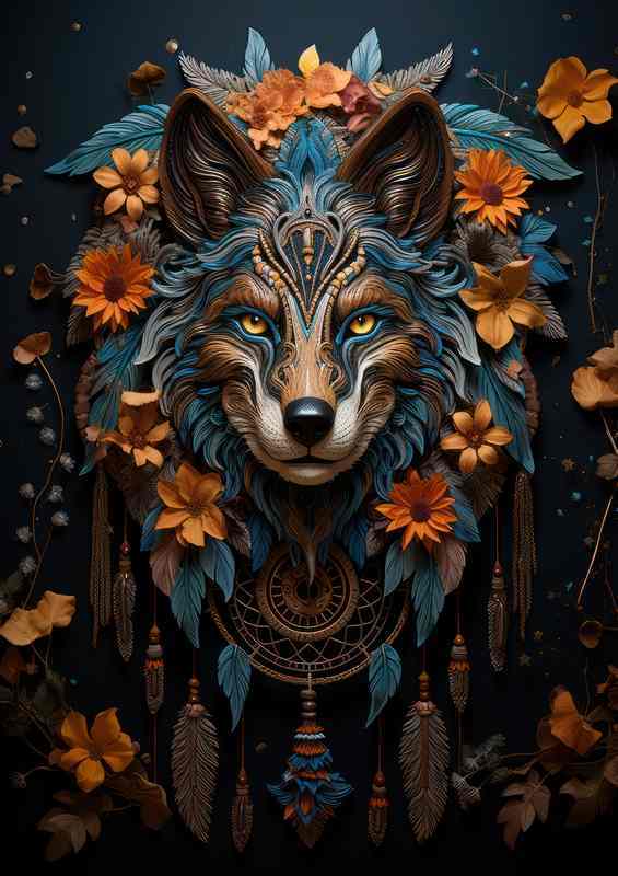 Wolf Dreamcatcher orange and yellow flowers | Metal Poster