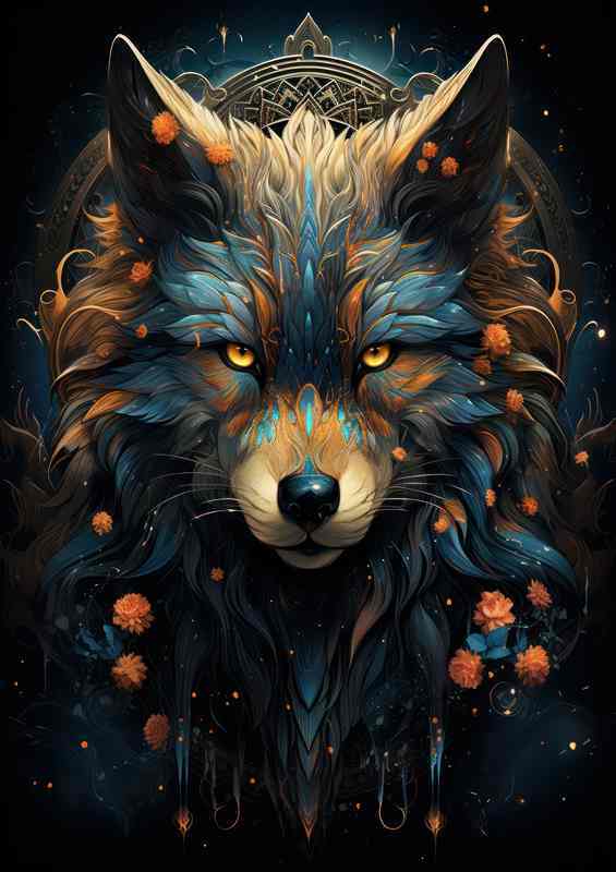 Wolf Surrounded by starry skies at night with flowers | Metal Poster