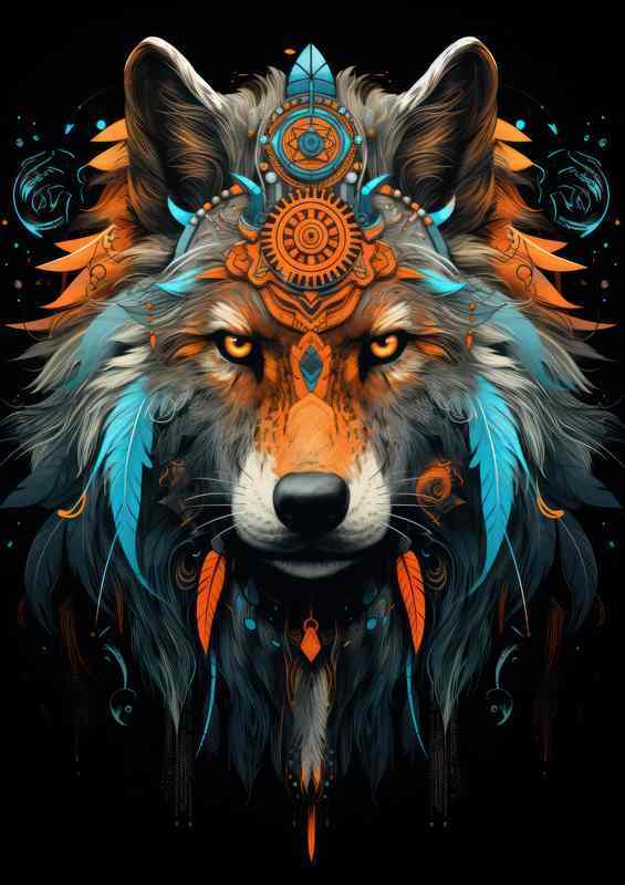Wolf With Coloured feathers in his head | Metal Poster