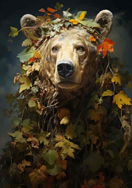 brown Bear encased in a bunch of leaves | Metal Poster
