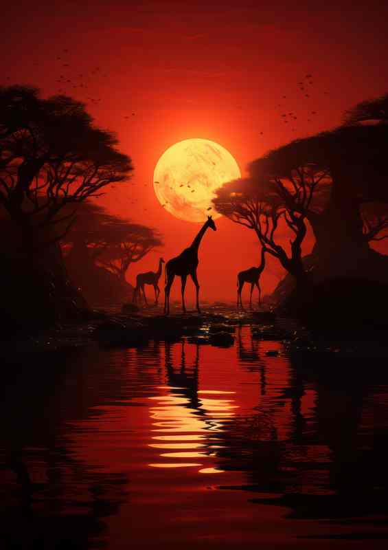 sunset dropping giraffes walking in the shade | Metal Poster