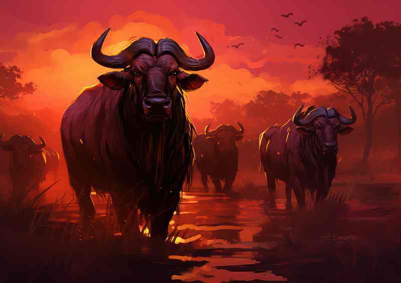 A Heard Of Wilderbeasts Anf the setting sun behind them | Metal Poster