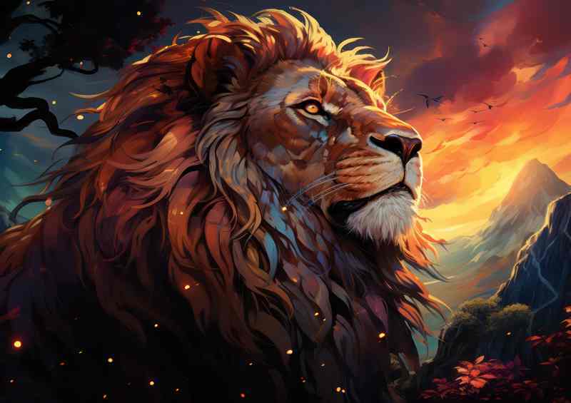 Lion on Rock | Metal Poster at Sunset